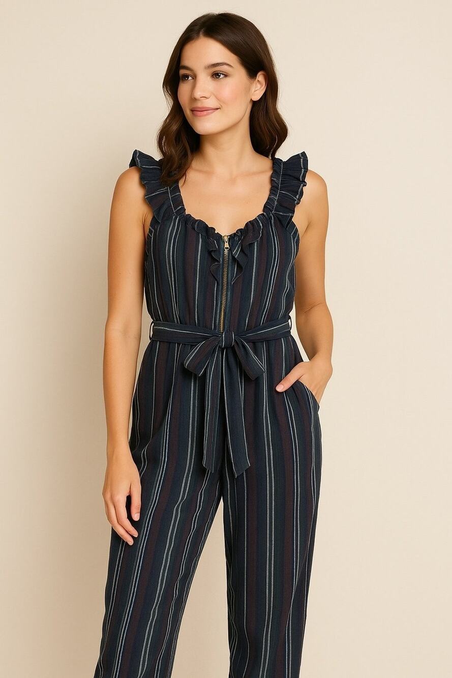 First Monday Navy Striped Sleeveless Jumpsuit with Ruffle Straps & Waist Tie